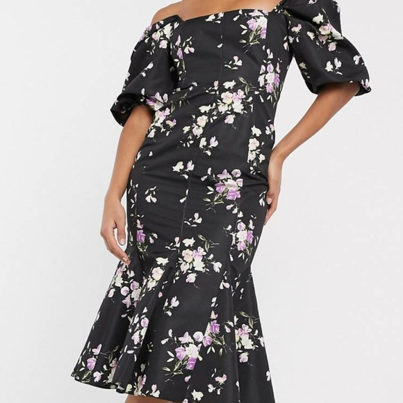ASOS DESIGN Structured Puff Sleeve Midi Dress - Picture 2 of 3